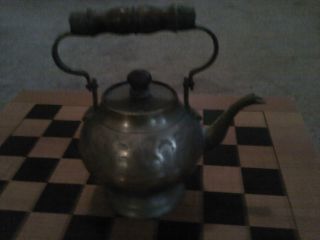 @} Antique Brass Engraved Kettle Tea Pot With Wooden Handle Vintage Decor photo