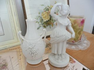 Lovely Pair Antique Matte White Bisque Porcelain Vase & Figurine Grapesappliqued photo