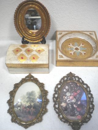 5 Pc Lot Vintage Italian Florentine Tole Box & Pictures In Ornate Metal Frames photo