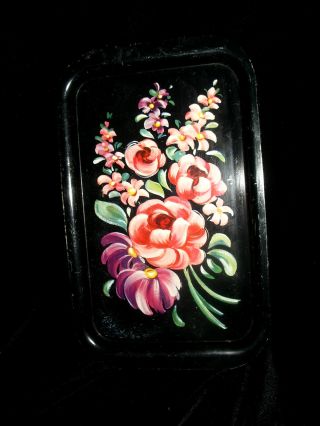 Vintage Lovely Flower Toleware Tray Colorful Flowers On Black In Good Condition photo