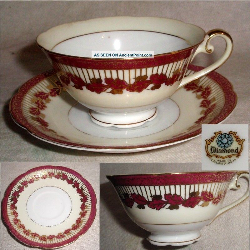 60yr Diamond Occupied Japan Red Leaf Scroll Gold Gilt Cup & Saucer No Damage Cups & Saucers photo