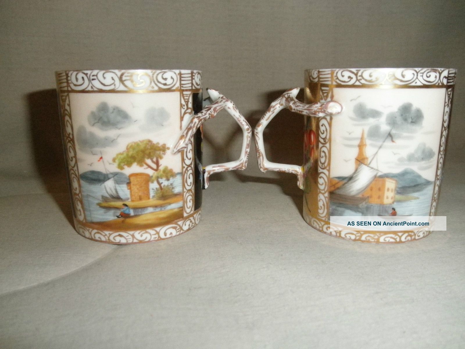 Pair Antique Dresden Scenic Harbor Hand Painted Twig Handle Cups Cups & Saucers photo
