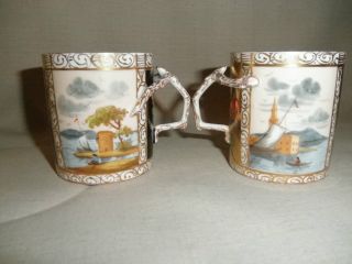 Pair Antique Dresden Scenic Harbor Hand Painted Twig Handle Cups photo