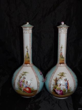 Pair Antique Grossbaum Dresden Long Neck Gourd Vase Watteau Scenes Gilt Ca 1895 photo