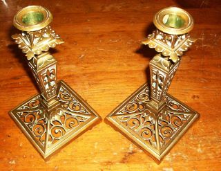 Pair 19th Century Brass Candlesticks - Unusual And Attractive Form photo