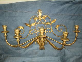 Vtg Gold Shabby Toleware Cottage Chic Metal & Wood Sconce Candle Holders 5 Arm photo
