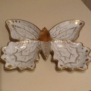 Vintage Porcelain Gold & White Butterfly Shaped Dish Italy Large photo