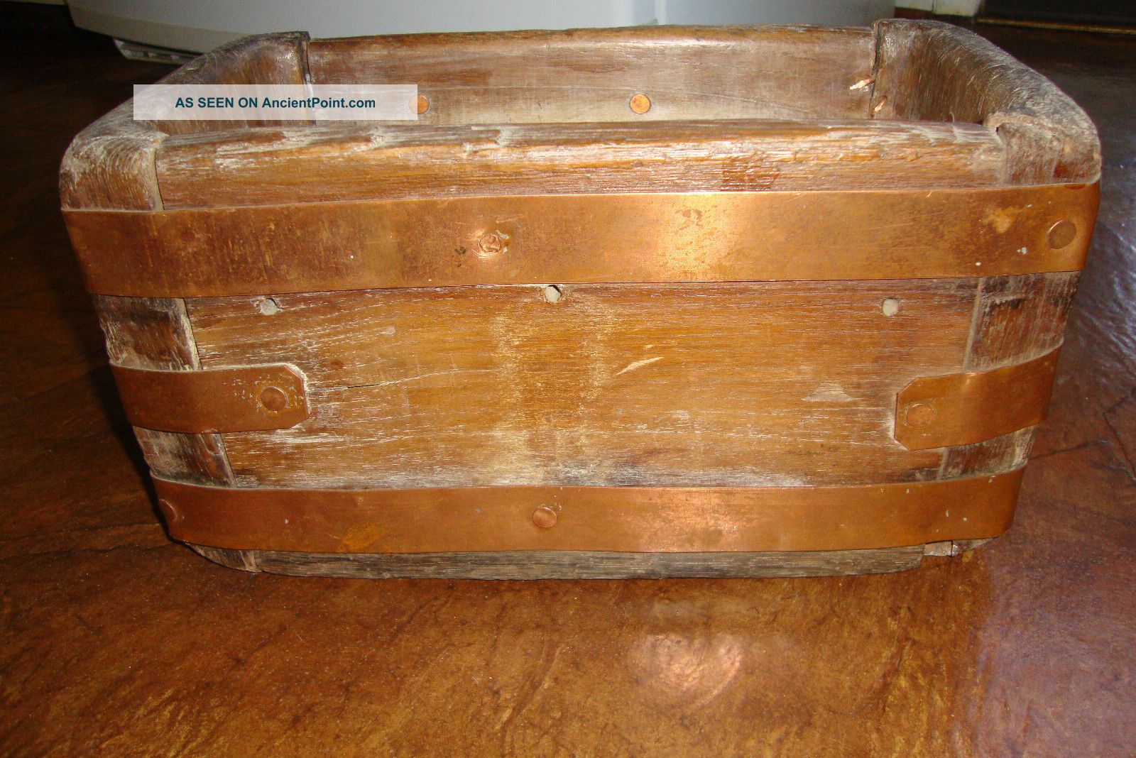 Antique Wood Box W/ Copper Straps Wooden Planter Box Plank Boards Boxes photo