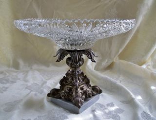 Crystal Compote Dish Bon Bon Pedestal Serving Plate Marble & Bronze Base Vintage photo
