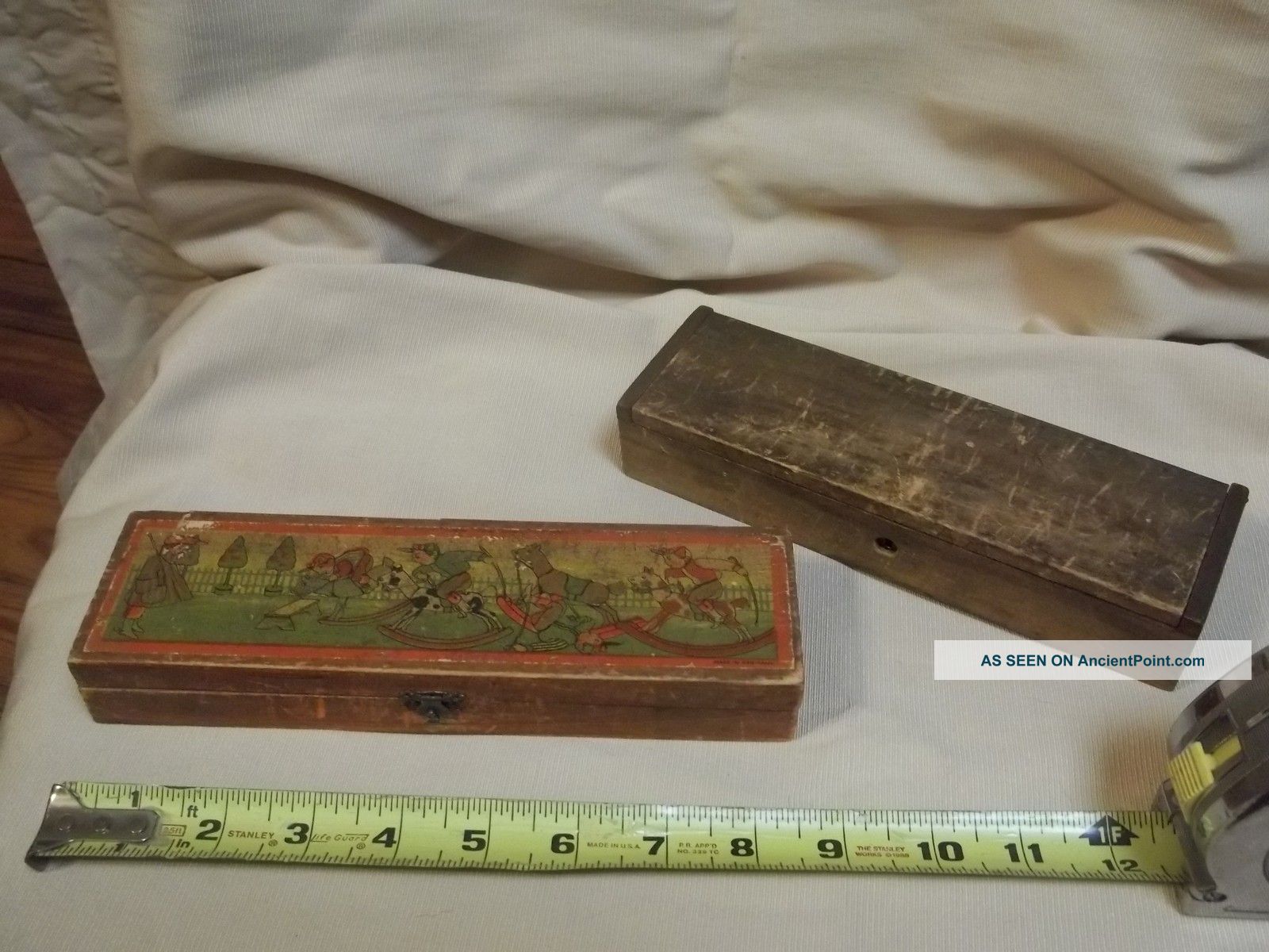 Vintage Wooden Pencil Box With Scene Graphics. Boxes photo