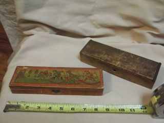 Vintage Wooden Pencil Box With Scene Graphics. photo