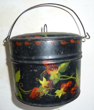 Tole Painted Swing Handled Tin Bucket,  Strawberries,  Cover,  Signed photo