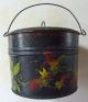Tole Painted Swing Handled Tin Bucket,  Strawberries,  Cover,  Signed Toleware photo 1