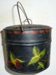Tole Painted Swing Handled Tin Bucket,  Strawberries,  Cover,  Signed Toleware photo 2