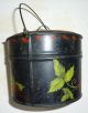 Tole Painted Swing Handled Tin Bucket,  Strawberries,  Cover,  Signed Toleware photo 4