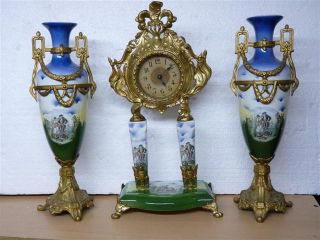 Antique 19c Splendid Tall Garniture Set Gold - Gilted Mantle Clock & 2 Urn Vases photo