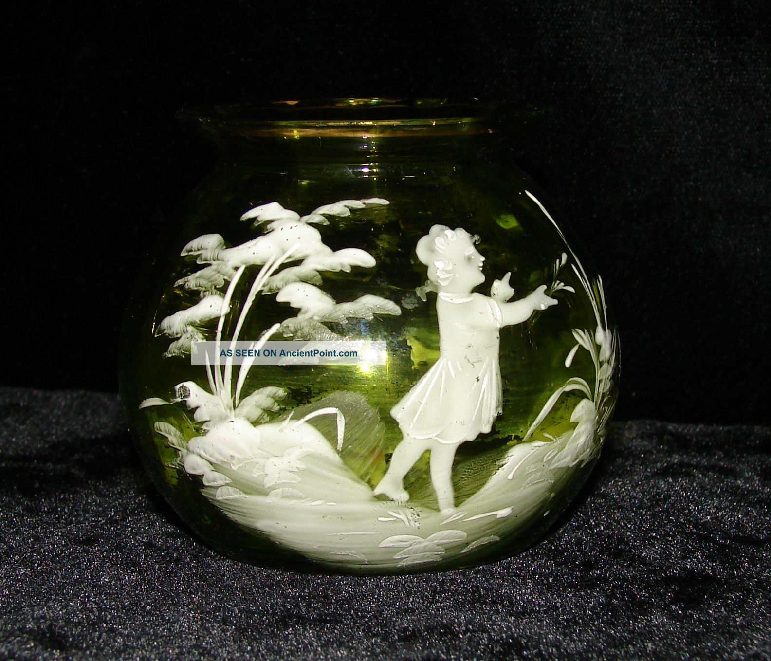 Unique Lime Green Mold Blown Glass Mary Gregory Posy Vase Ruffled Rim Vases photo
