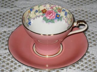 Lovely Vintage Aynsley Cup & Saucer / Pink With Cabbage Roses & Gold Trim photo
