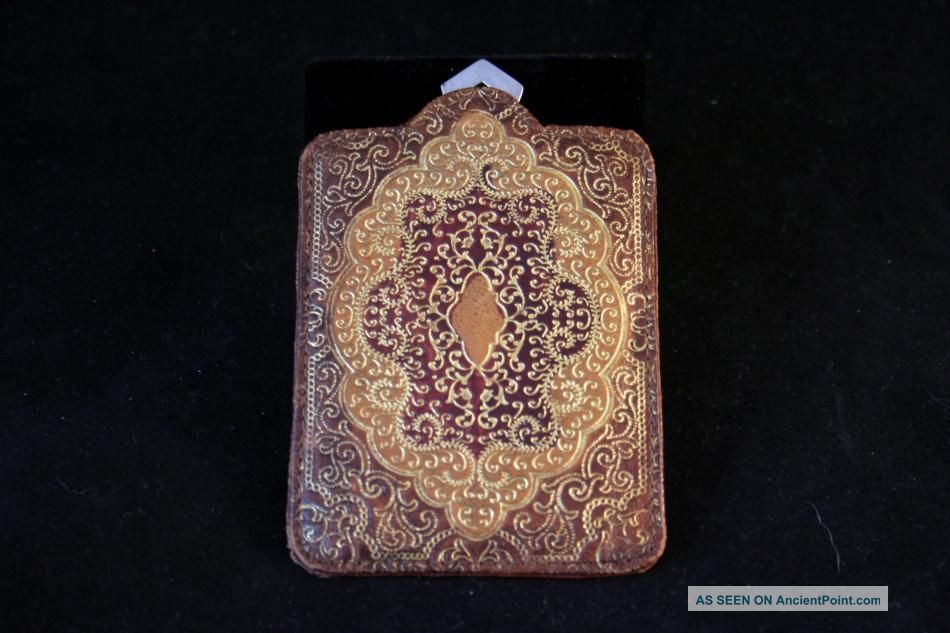 Antique Gold Gilded Tooled Leather Case W/venetian Glass Mirror Mirrors photo
