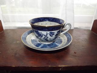 Ironstone Occupied Japan Blue Willow W/gold Gilt Bands Cup & Saucer photo