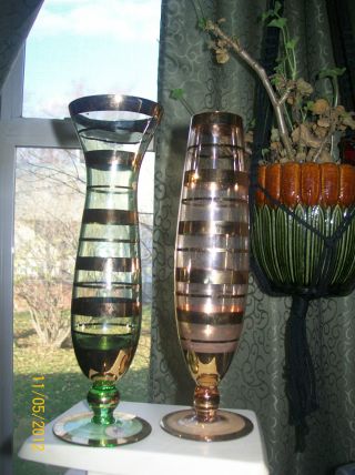 2 Vintage Gold Gilted Glass Vases Made In Rumania W/ Sticker Labels photo
