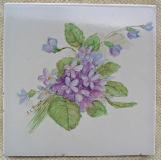 6 Inch Sq Signed Painted Porcelain Tile Vntg Victorian Floral Violets A.  Pease photo