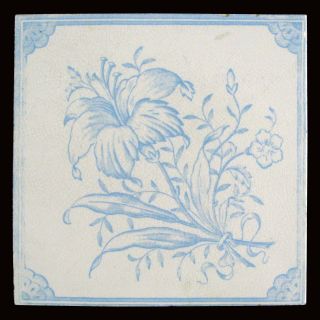 Lovely Hand Transfer Print Antique Art Nouveau Ceramic Tile Blue Lily By Sacavem photo
