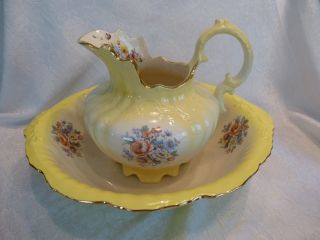 Antique Iron Ware Yellow & White Floral Decorated Bowl & Pitcher Gorgeous Vtg photo