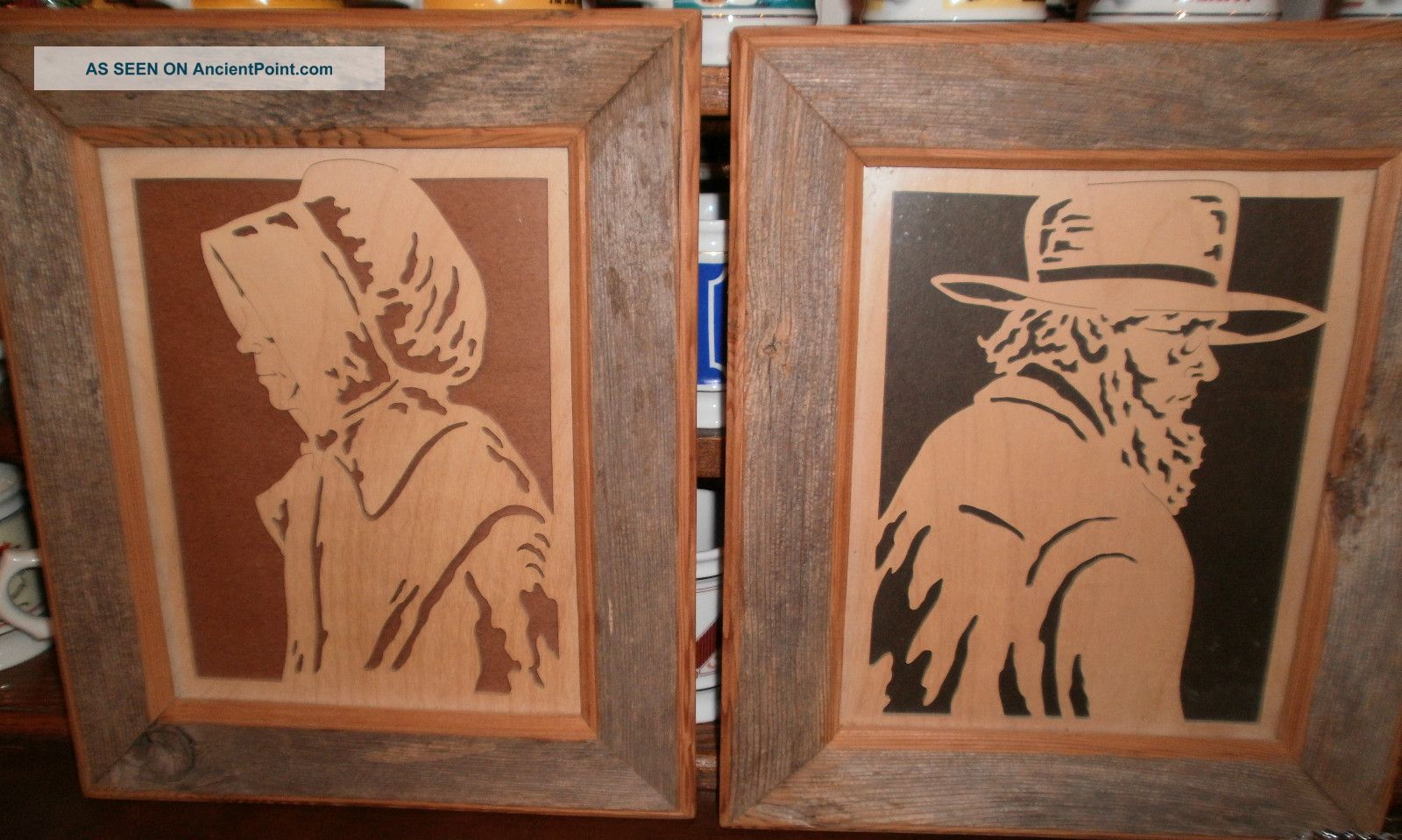 Wooden / Scroll Cut Amish Woman & Man Pictures - Set Of 2 - W/barn Wood Frames Other photo