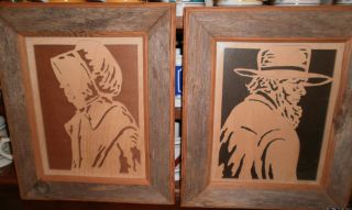 Wooden / Scroll Cut Amish Woman & Man Pictures - Set Of 2 - W/barn Wood Frames photo