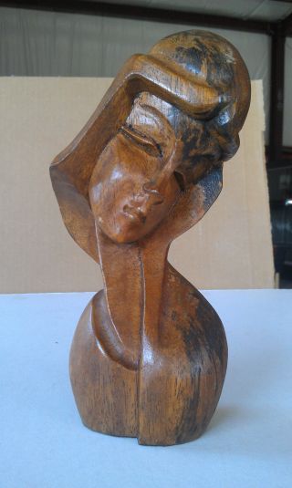 Vtg Wood Lady Head Carved Sculpture Woman Bust photo