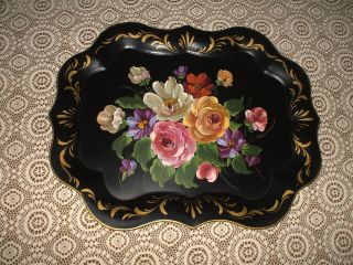 Toleware Large Vintage Hand Painted Tole Tray 24 1/2 X 19 1/4 Inches photo