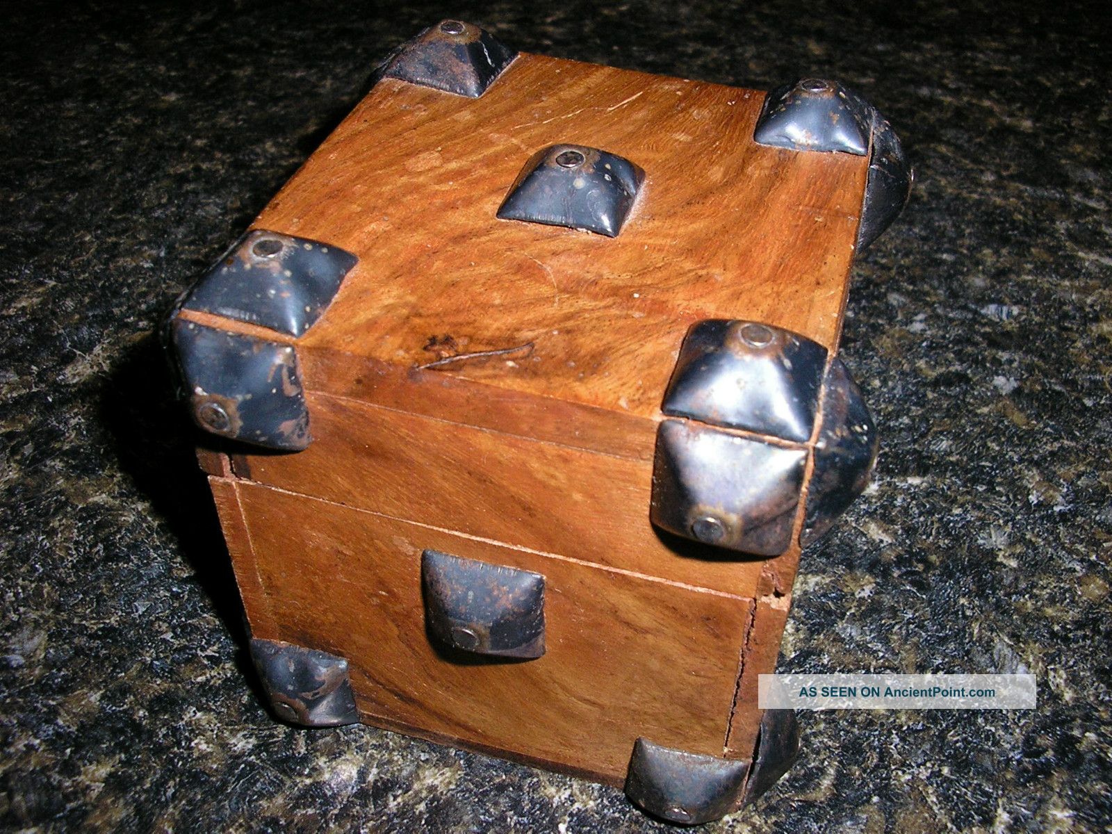 Wood Box Gothic Brass Metal Corners Square Hinged Back Vintage Boxes photo