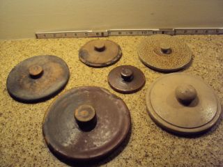 Collection Of 6 Vintage Antique Redware And Salt Glaze Stoneware Crock Lids photo
