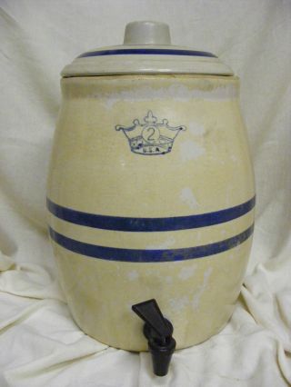 2 Gallon Blue Crown Stoneware Water Serving Cooler Crock W/ Lid & Spigot Old photo