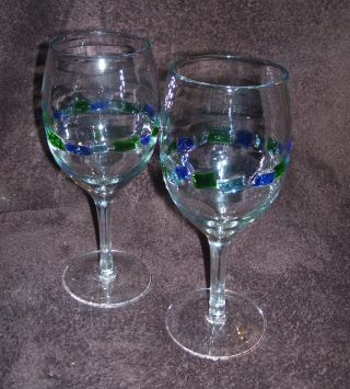 Blue & Green Wine & Water Goblets Over 8” Tall. .  Hand Blown Art Glass Set Of 2 photo