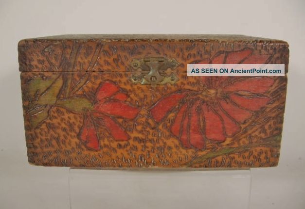 Antique Flemish Pyrography Red Mums Hinged Wooden Card Box Boxes photo