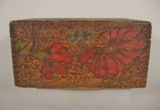 Antique Flemish Pyrography Red Mums Hinged Wooden Card Box photo