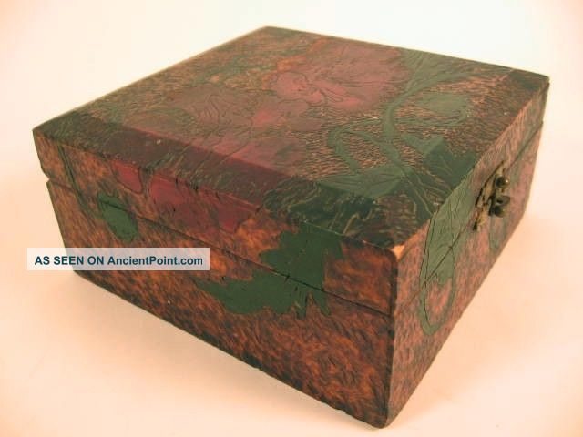 Antique Victorian Red Poppy Painted Pyrography Folk Art Hinged Wooden Box Boxes photo