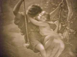 Lithophane Panel Young Lovers On Swing Antique 19thc Framed Porcelain / Signed photo