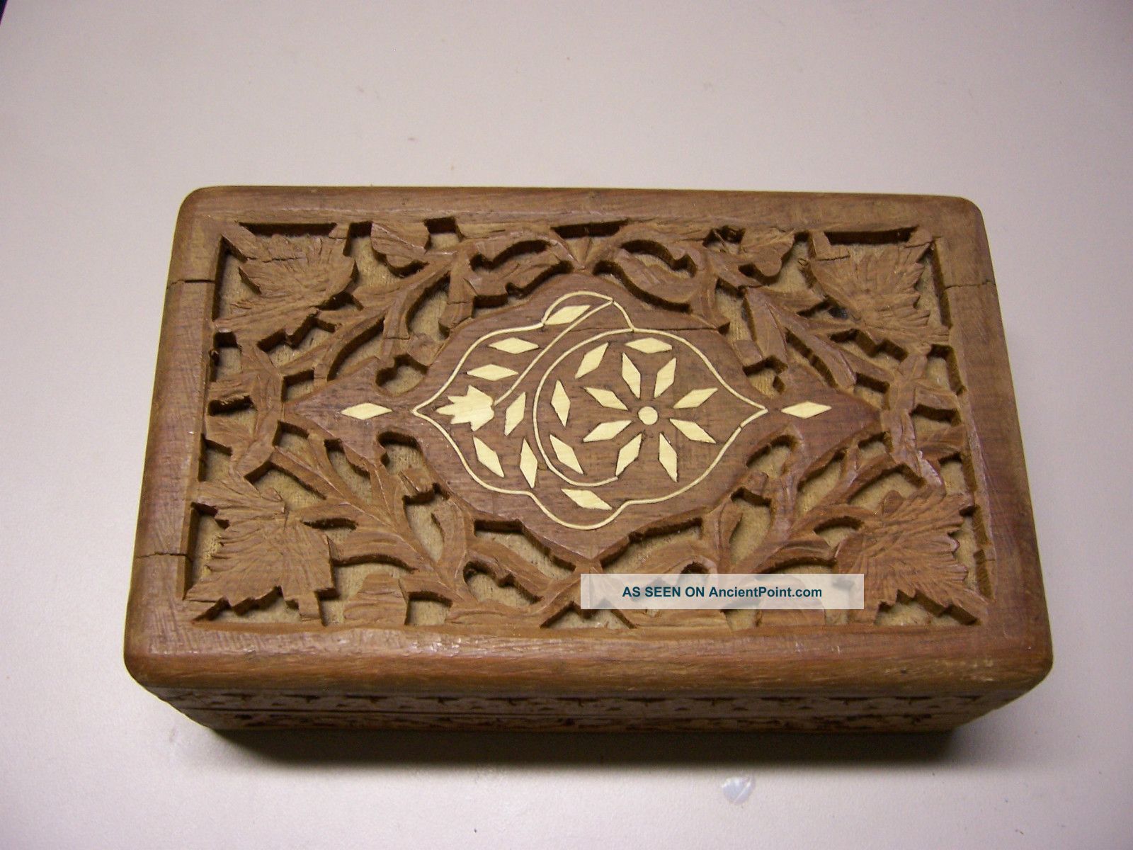Vintage Hand Carved India Square Wooden Trinket Box With Inlaid Bone Boxes photo