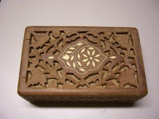 Vintage Hand Carved India Square Wooden Trinket Box With Inlaid Bone photo