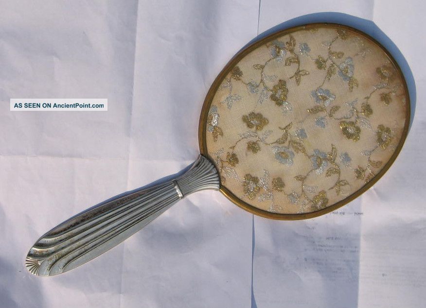 Art Deco Metal Hand Mirror Gold & Silver Thread 12 