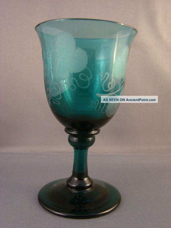 19th C Blown Engraved Bristol Green Wine Glass Stemware photo