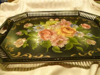 Vintage Tole/toleware Large Tray Black Flowers Yellow Pink White Handpainted photo