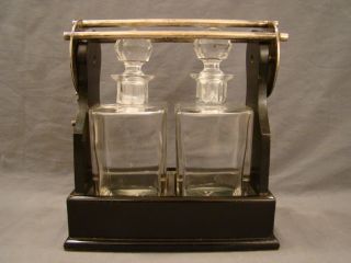 Antique Victorian Glass Crystal Wood Silver P.  Decanter Tantalus Lock Bar Set photo