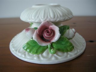 Antique/vintage Porcelain Cream Candlestick/holder With Pink Roses Made In Italy photo