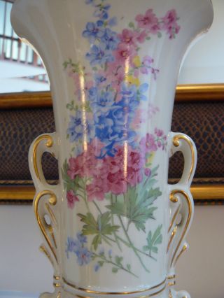 Lovely Vintage Floral Vase.  Double Handle/urn Style.  Cream Color,  Gold Trim photo