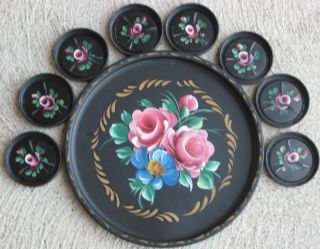 Vintage Hand Painted Roses Metal Tole Tray & 8 Coasters Nashco photo