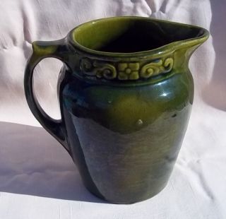 Antique Yelloware Green Salt Glaze Stoneware Pitcher 6 3/4 